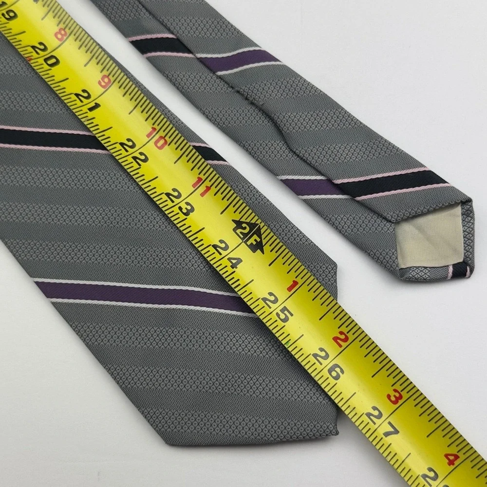 Vtg Pierre Jacques Mens Striped Silk Blend Tie Grey Purple Black Pink Made‎ USA